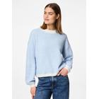 Rundhalspullover PIECES "PCDILIPPA LS O-NECK KNIT MM", Damen, Gr. S (36), blau (cashmere blau aop:cloud dancer), Strick, Obermaterial: 79% Polyester, 13% Polyacryl, 5% Wolle, 3% Elasthan, gemustert, modisch, Rundhals, Langarm, Pullover