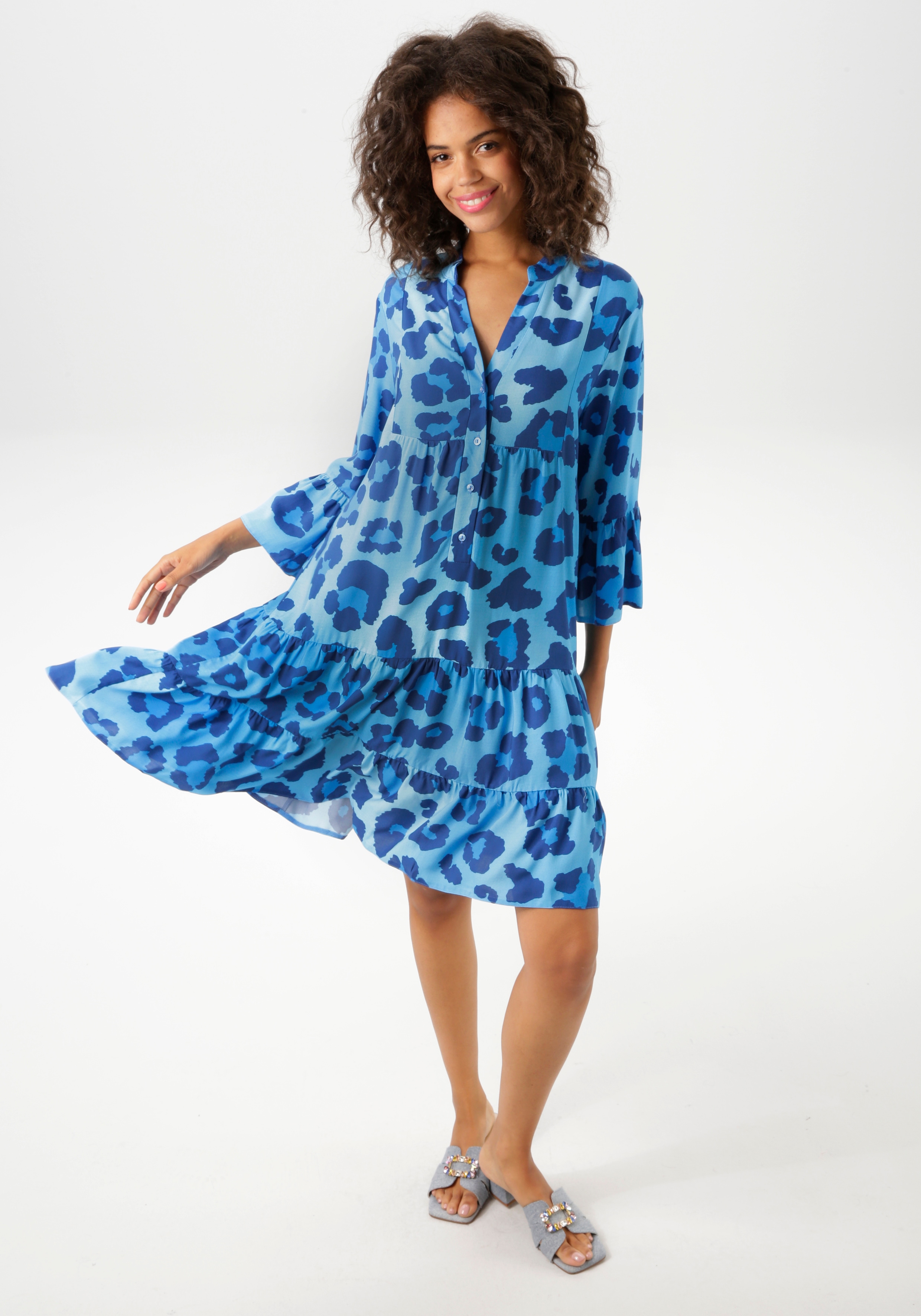 Tunikakleid ANISTON CASUAL, Damen, Gr. 38, N-Gr, blau (türkis, marine, blau), Web, Obermaterial: 100% Viskose, bedruckt, geblümt, lässig geschnitten kniefrei, V-Ausschnitt, Volant, Kleider, mit farbenfrohen, graphischen Blüten bedruckt