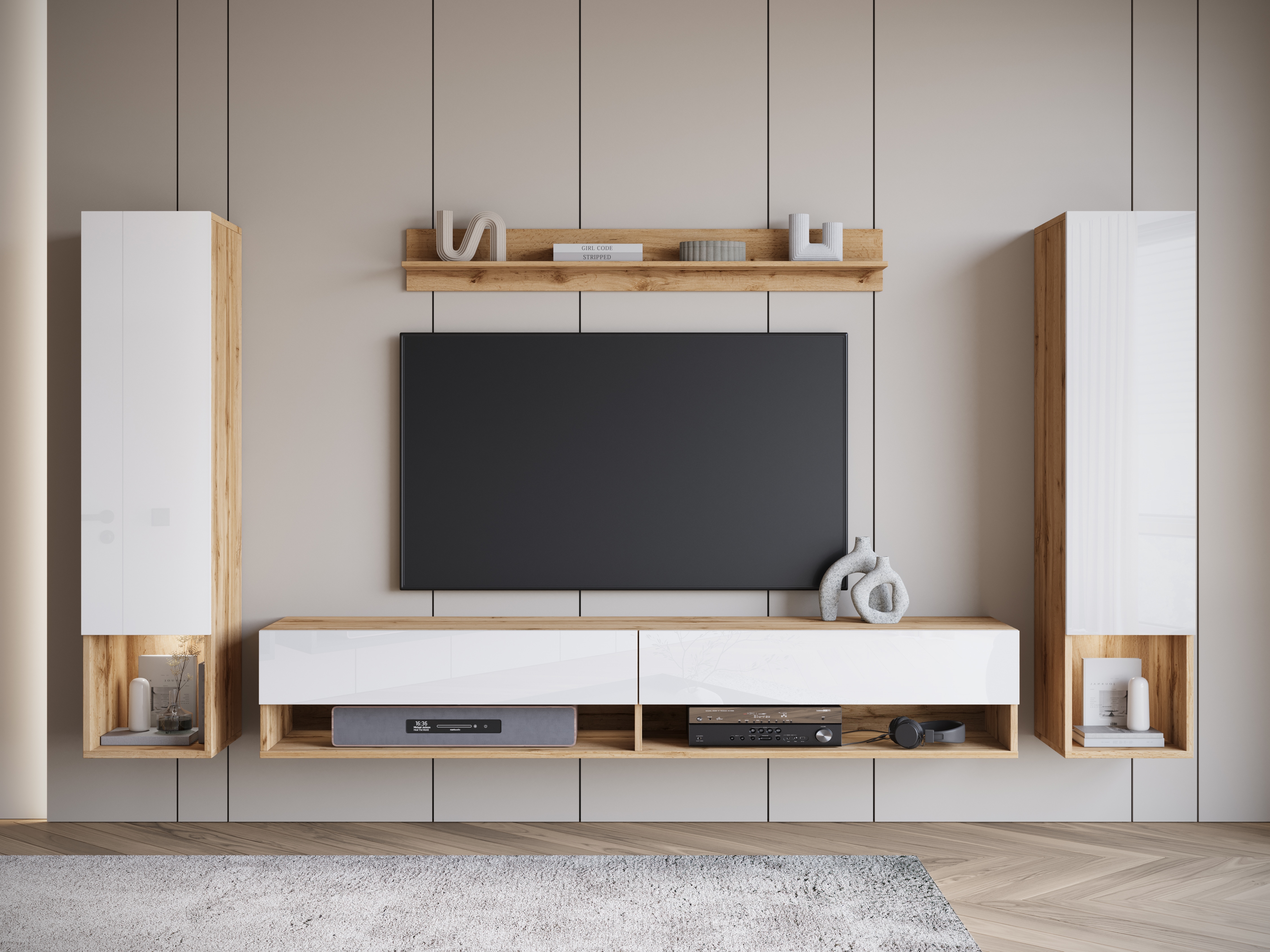 Wohnwand INOSIGN "AMADEO II", braun (eichefarben votan, weiß hochglanz), B:260cm H:130cm T:32,5cm, Kastenmöbel-Sets, Vitrine Türanschlag links/rechts wechselbar, Hängeversion