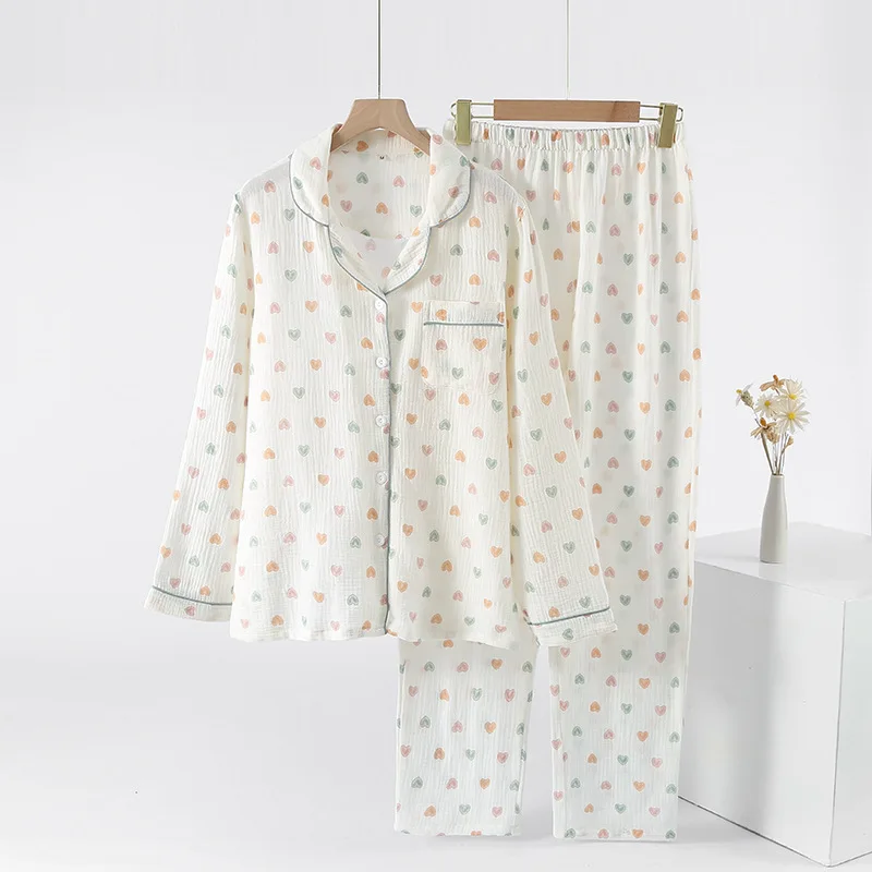 Pyjama en crêpe 100% coton pour femmes, pantalon à manches longues, costume d'amour, service à domicile, revers féminin deux pièces, nouvelle collection printemps et automne