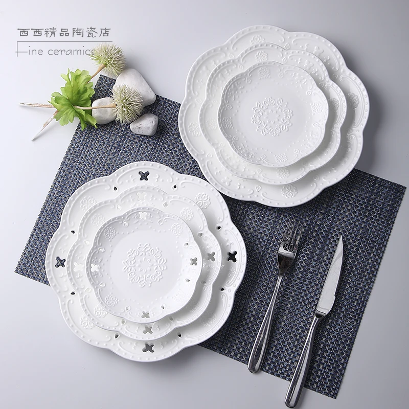 3-teiliges Set, 6+8+10 Zoll, weißer geprägter Porzellan-Kuchenteller, Schmetterlingsdesign, Service-the-Tisch, Teller-Sets, Geschirr Image