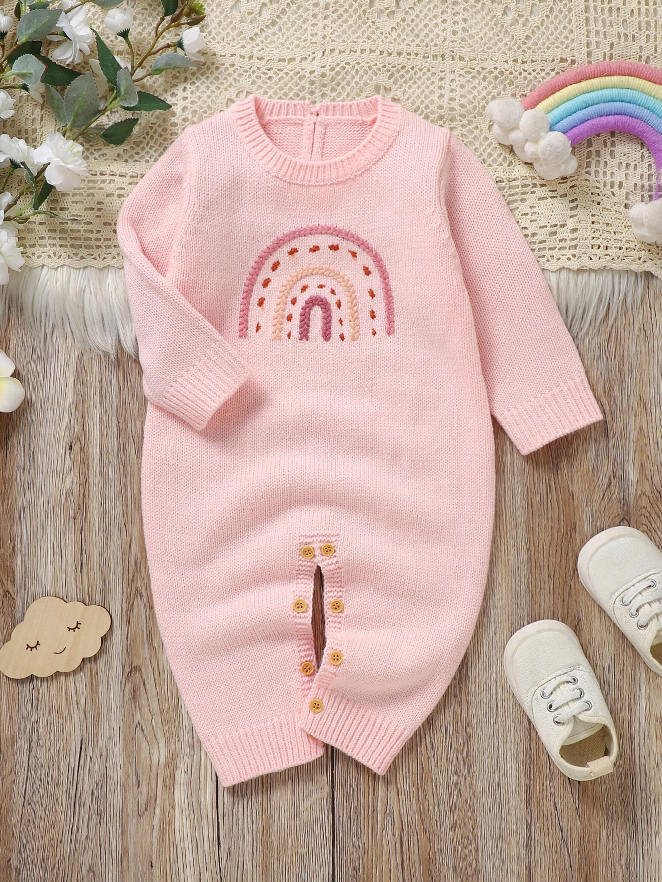 Winter Neugeborenen Baby 0-1 Jahre Alte Mädchen Strampler Regenbogen druck muster Onepiece Pullover Weiche Baby Kleidung Image