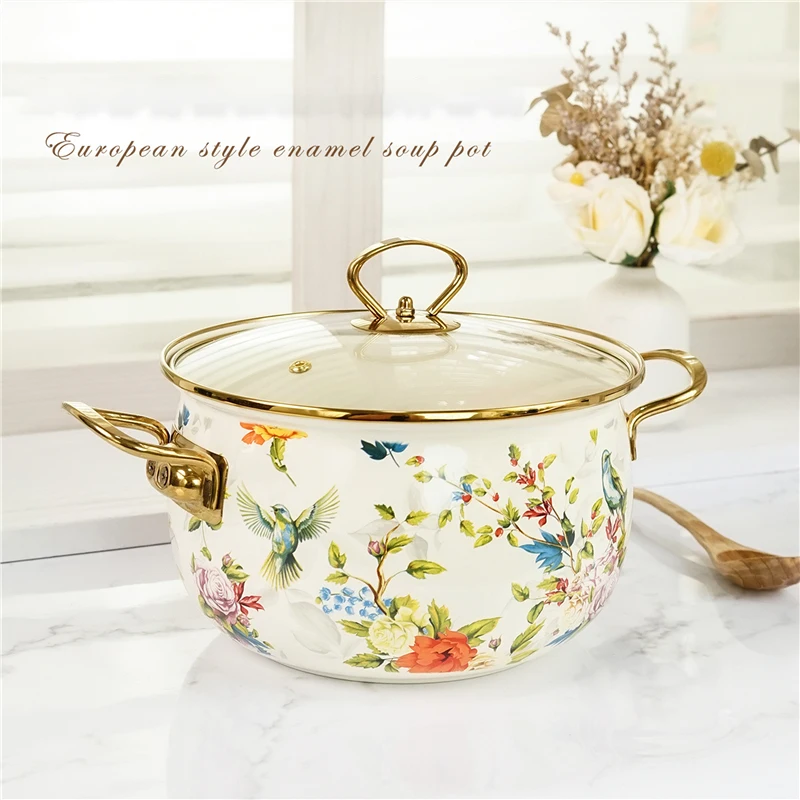 Emaille-Suppentopf, zartes Kochgeschirr, Retro-Blume, Doppelgriff, großes Fassungsvermögen, Eintopf mit Deckel, Heim-Emaille-Utensilien für die Küche Image