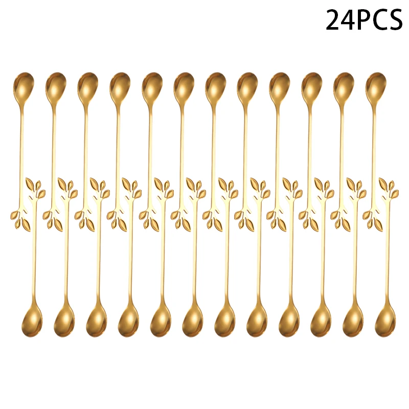 6/12/24 stücke Blatt tee löffel tee gabel lange edelstahl geschirr eis löffel lange gabel dessert löffel obst gabel Image
