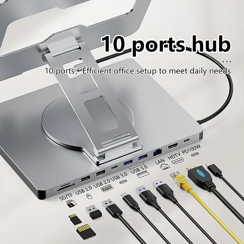 Blueendless Aluminium iPad Halter 10 in 1 Docking C Hub 4K 60Hz Typ C Adapter USB3.0 5Gbps 100W PD Ladegerät für Laptop Desktop Image