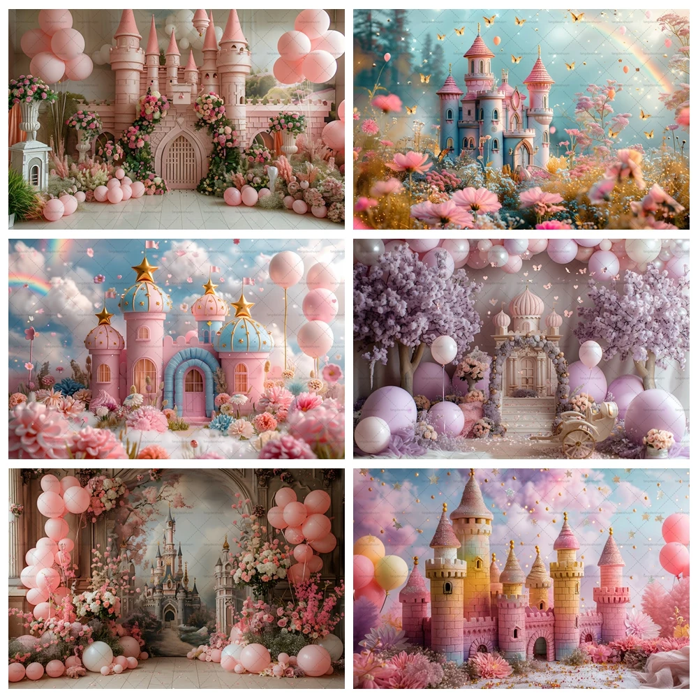 3D Märchenschloss Fotografie Hintergrund Bunte Ballon Bogen Mädchen Kleine Prinzessin Geburtstag Party Hintergrund Foto Studio Requisiten Image