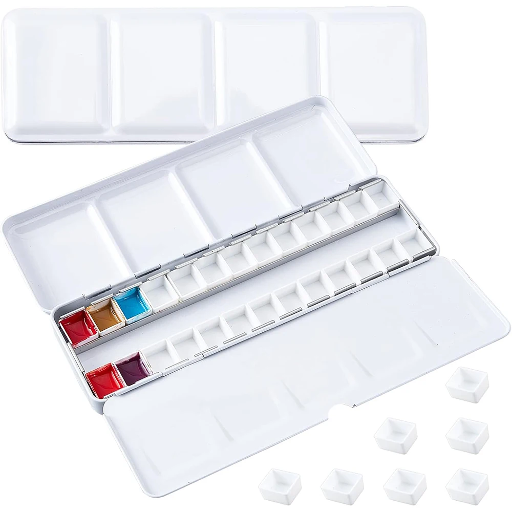 Leere Aquarellpalette mit 26 leeren halben Pfannen, leere Aquarelldose mit ausklappbarer Palette, Aquarelltablett zum Malen Image