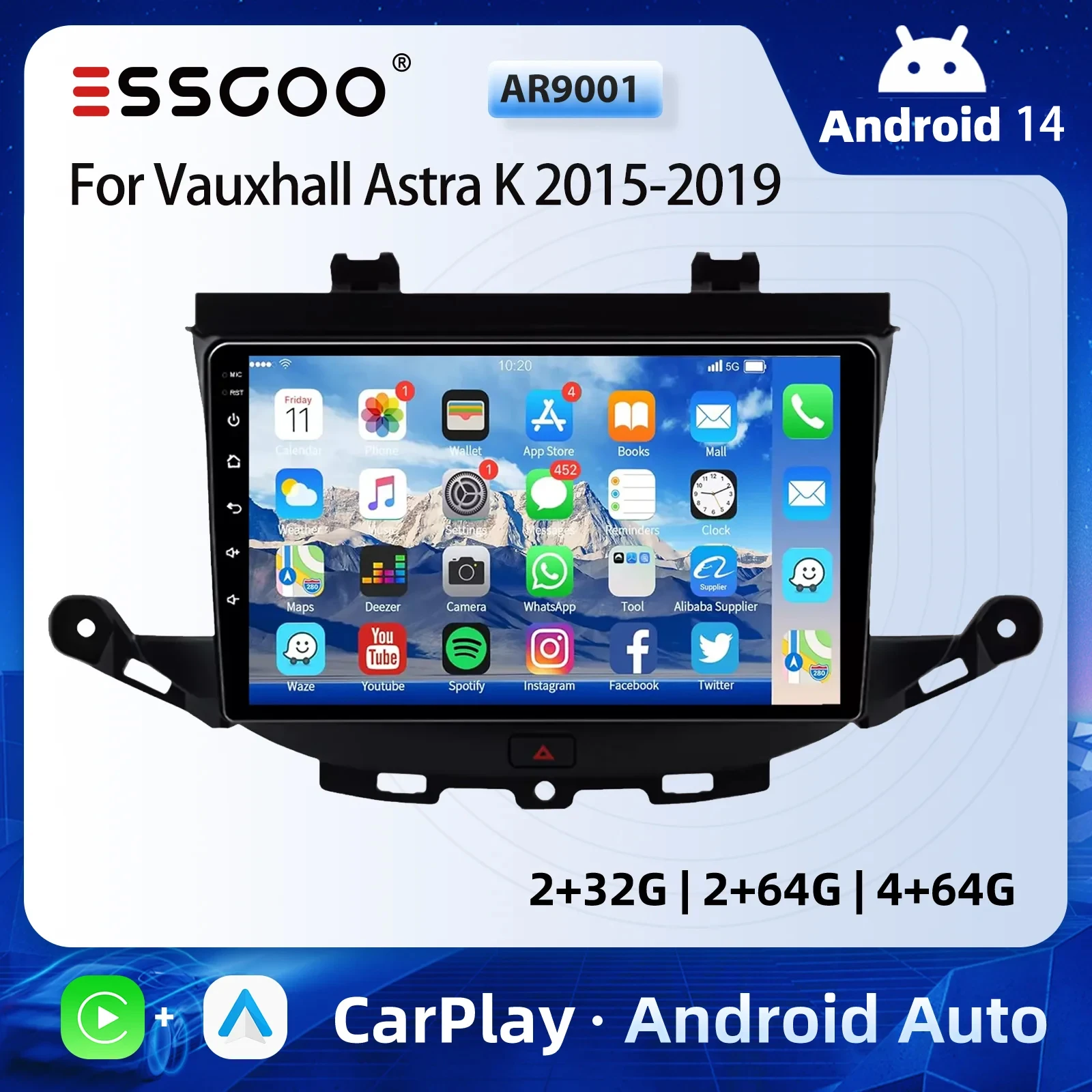 ESSGOO 9" Touchscreen Wireless Apple CarPlay Android Auto für Vauxhall Astra K 2015-2019 Android 13 Car Stereo GPS Navigation WIFI Bluetooth Freisprechen FM RDS USB Multimedia Video Player Image