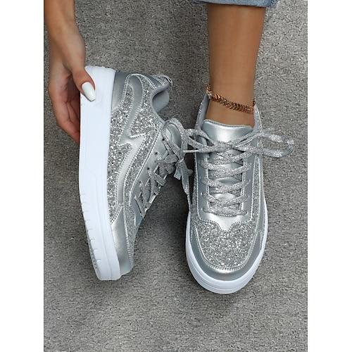 Damen Sneaker Glitzer Kristall Pailletten Geschmückt Täglich Paillette Flacher Absatz Runde Zehe Lässig Komfort Preppy Kunstleder Glitzernd Schnürung Silber Rosa