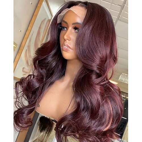 Remy Menschenhaar 5x5 Verschluss 13x6 Verschluss Perücke Seitenteil Mittelteil Freier Teil Brasilianisches Haar Wogende Wellen Burgund Perücke 130% 150% 180% Haardichte mit Babyhaar Natürlicher Image