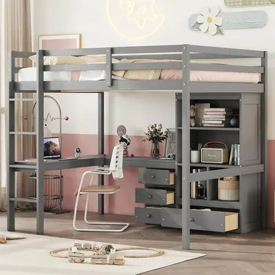 Twin Loft Bed. Full Loft Bed with Desk and Storage, Solid Wood Loft Bed with 4 Storage Drawers & 3