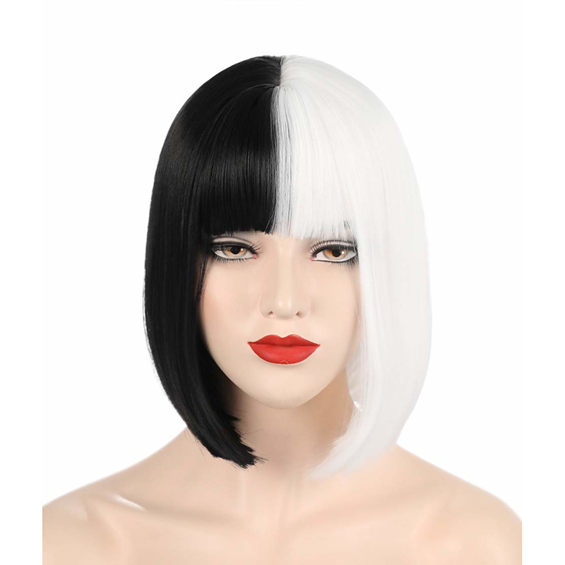 Cruella Deville Wig Cosplay Black and White Wigs for Women Short Curly Wavy Bob Hair Wig Cute Synthetic Wigs for Party Halloween Wigs