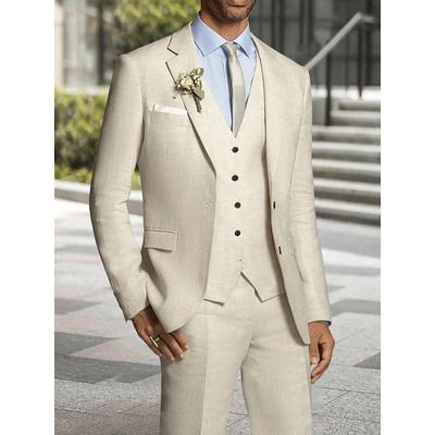 Men's Wedding Linen Suits Light Grey Beige Solid Colored Standard Fit 3 Piece Single Breasted Two-buttons