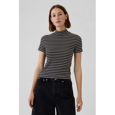Gap Womens Black Stripe Modern Cotton-Modal Ribbed Mock Neck Short Sleeve T-Shirt - Black Stripe