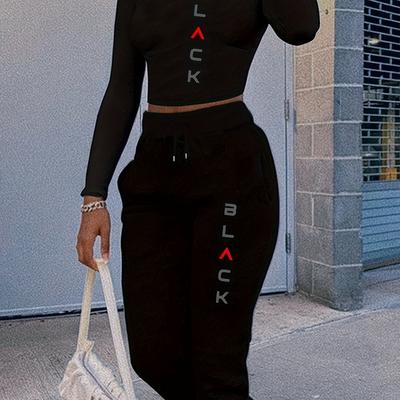TEMU 5599b117 Slim Fit -baring Long Sleeve Set, European And American Women's Sweatshirt With Drawstring Pocket Joggers, Casual Swear Outfit Image