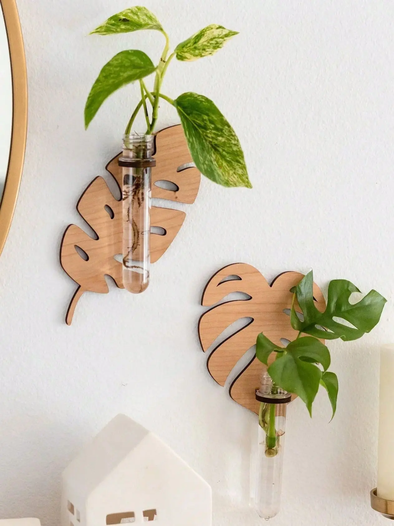 1/2 Stück Blattform Wandpflanzgefäße Holz Wandbehang Blumentöpfe mit Reagenzglas Vase Innenvermehrungsstation Hausgarten Dekor Image