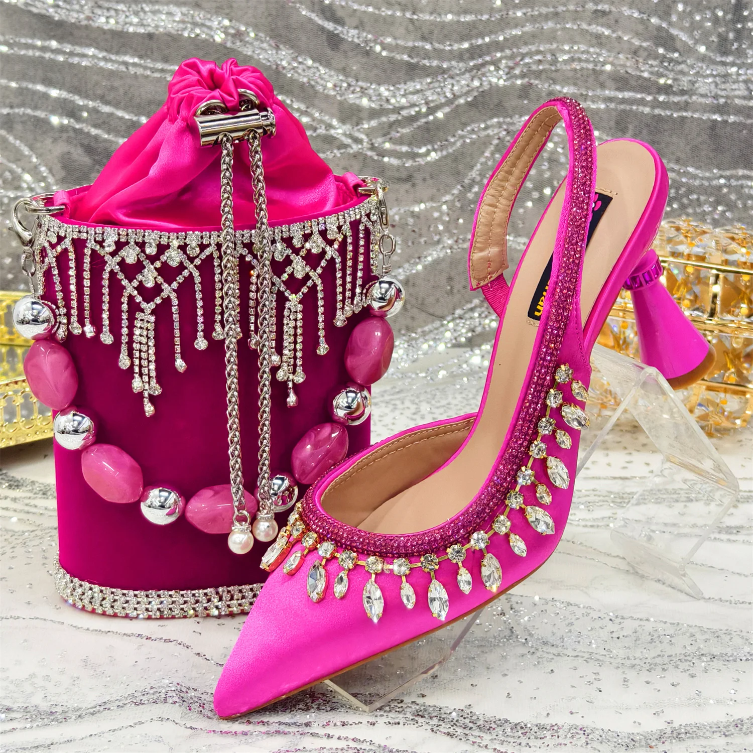 Venus Chan Fuchsia Farbe Spitze Zehen Hohe Damen Heels Schuhe und Taschen für Damen Strass Abend Party Elegante Luxus Handtasche