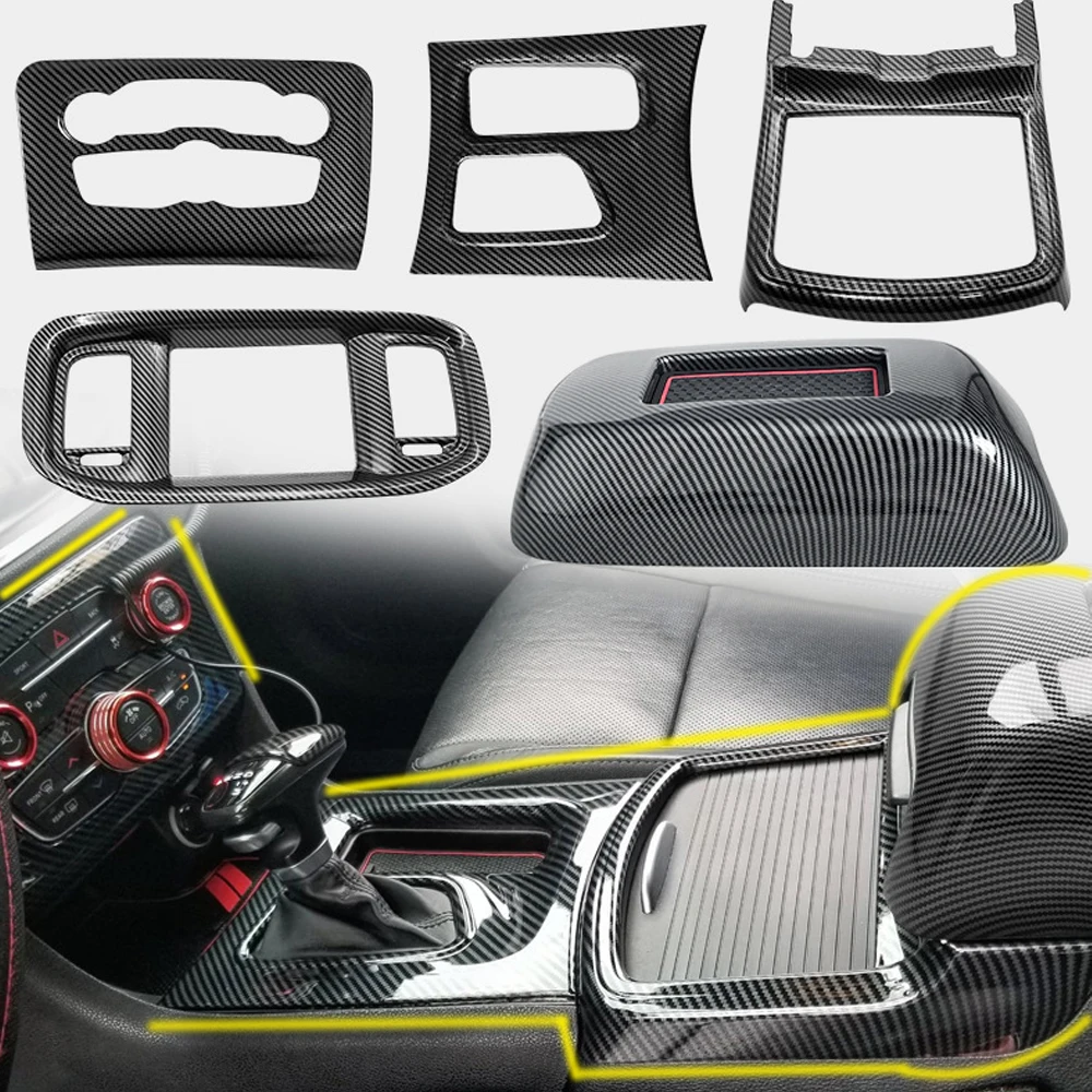 Carbon Fiber Schwarz Innen Zubehör Für Dodge Charger 2015-2021 Center Konsole Air Gear Panel Abdeckung Schutz 5PCS anzug Kit Image