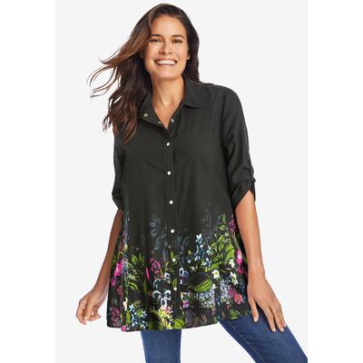 Plus Size Women's Snap Swing Pocket Tunic by Woman Within in Black Enchanted Garden Border (Size 3X)