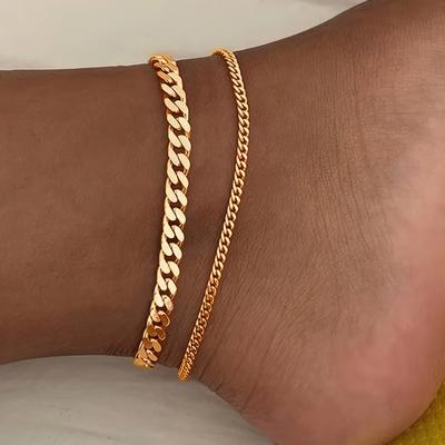 TEMU 2pcs Set Of Latin Vacation Stainless Steel Double Layer Stacked Cuban Chain Anklet Set For Women Image