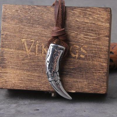 TEMU Men's Wolf Pendant Necklace With Intricate Carving And Leather Cord - Ideal Gift For Him Image