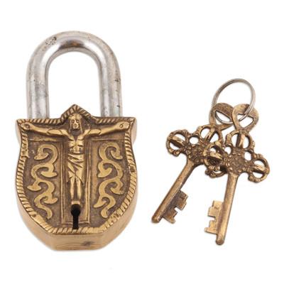 Faith Secret,'Religious Brass Lock and Key Set Crafted in India (3 Pieces)'