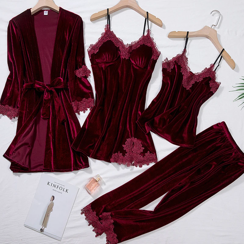 Samt Vier Stück Pyjamas Set Herbst Weibliche Nachtwäsche Lounge Tragen Sexy Burgund Spitze Bademantel Nachthemd Lose Velours Homewear Image