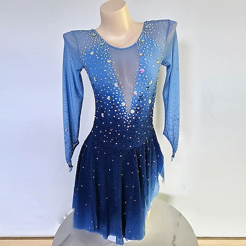 Eiskunstlaufkleid Damen Mädchen Eislaufen Kleid Blau Daumenloch Asymmetrischer Saum Netzstoff Hohe Elastizität Training Wettbewerb Eiskunstlaufkleidung Klassisch Kristall / Strass Langarm Eislaufen Image