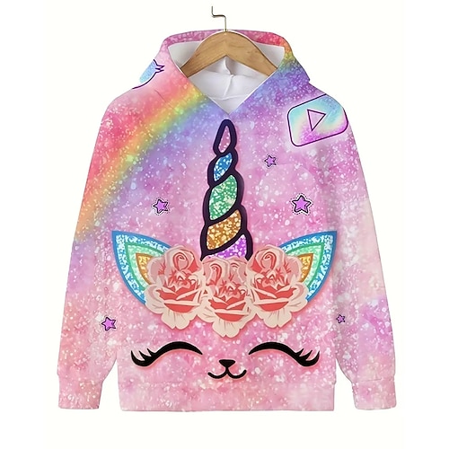 Mädchen 3D Graphic Einhorn Kapuzenshirt Langarm Herbst Winter Modisch bezaubernd Basic kinderkleidung 4-12 Jahre Mit Kapuze Outdoor Casual Täglich Regular Fit Image