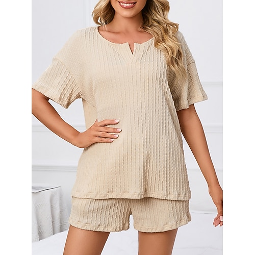 Damen Schlafanzug Hausanzug 2 Stück Brautkleider schlicht Einfarbig Patchwork T Shirt Kurze Hosen Heim Kurzarm V Ausschnitt Schwarz Rosa Beige Sommer Reguläre Passform Image