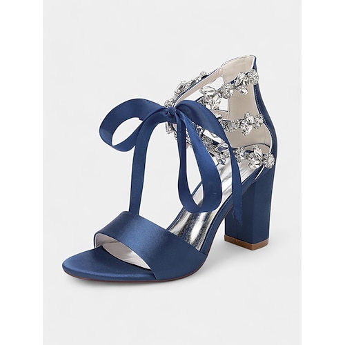 beigefarbene Satin-Sandalen mit offenem Zehenbereich und Blockabsatz und Kristallverzierung – Damenschuhe für Hochzeit und Cocktail Image