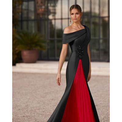 Mermaid / Trumpet Evening Gown Elegant Pleated Dress Formal Satin Wedding Floor Length Short Sleeve One Shoulder Slit Embroidery Appliques 2025