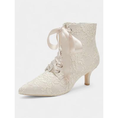 Women's Vintage Lace Ankle Boots with Satin Ribbon Laces and Kitten Heels – Elegant Bridal Shoes for Weddings and Victorian-Inspired Events