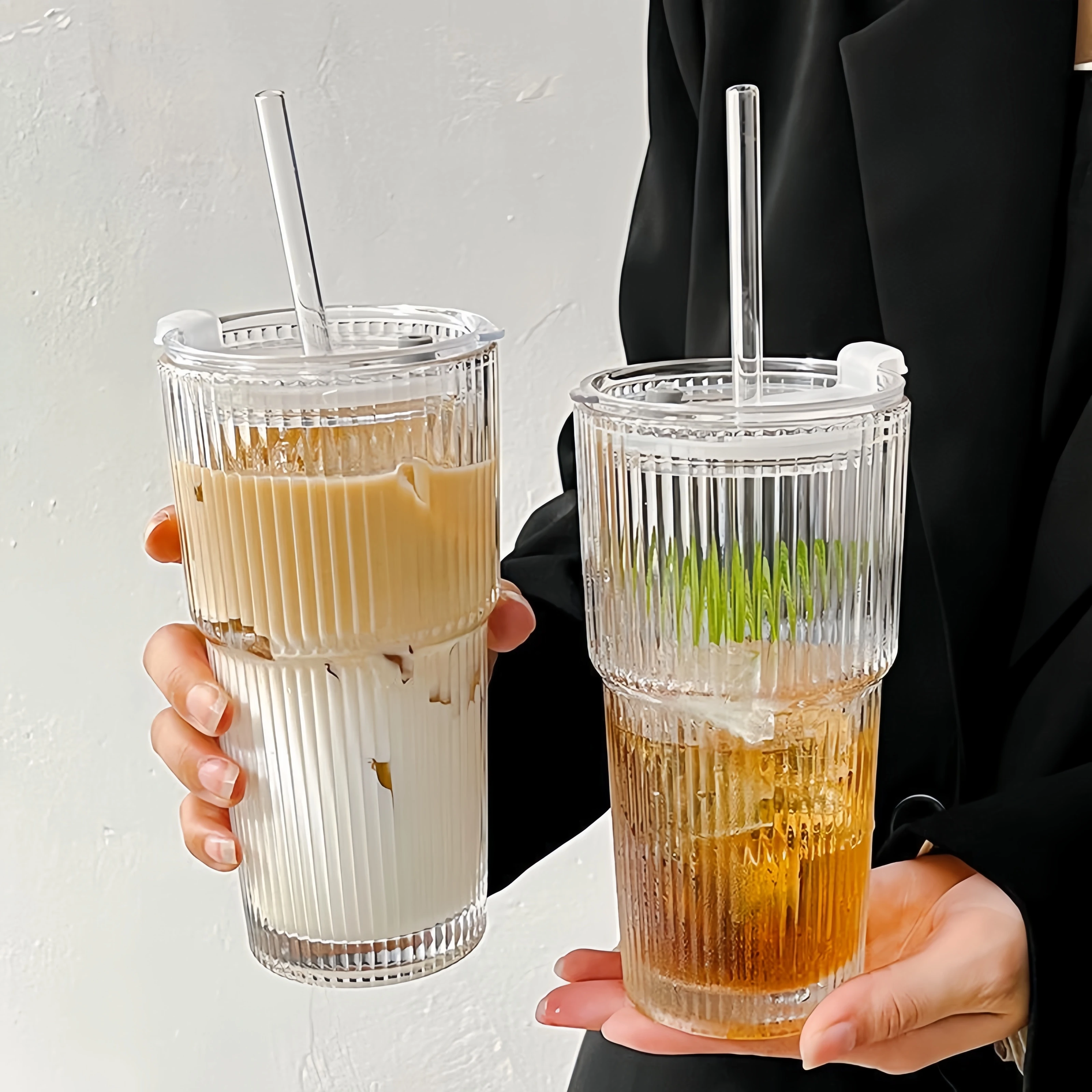 600ml Streifen Glas Kaffeetasse mit Deckel und Stroh transparente Trinkgläser für Saft Milch Tee Tassen Eis kaffeetassen Trink geschirr Image