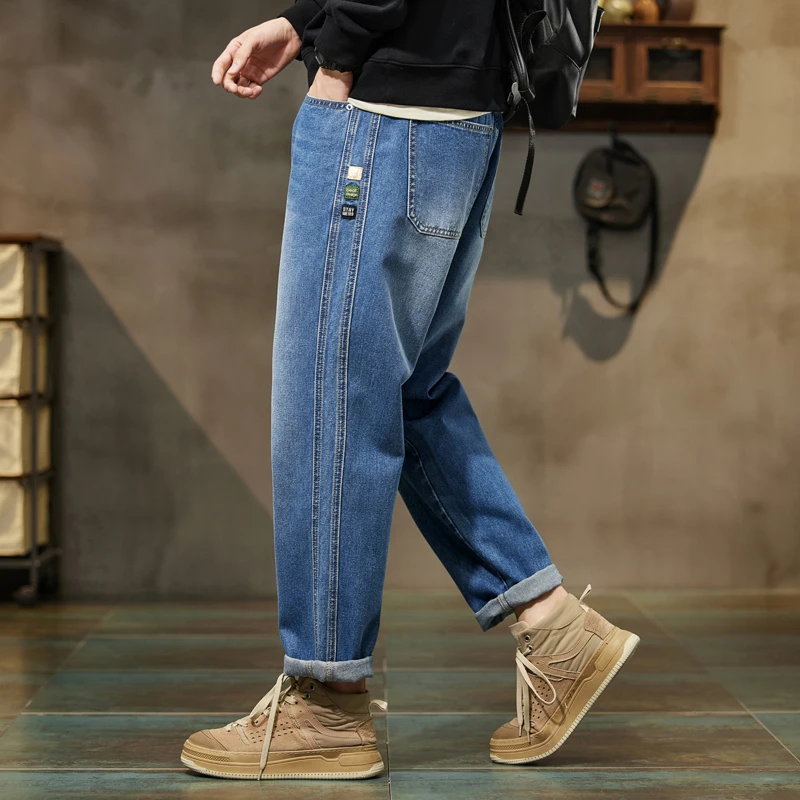 Baggy-Hose, lockere Passform, Retro-blaue Haremshose, Vintage-Kleidung, Baggy-Jeans, Herren-Passform, Haremshose, weites Bein, modische Taschen Image