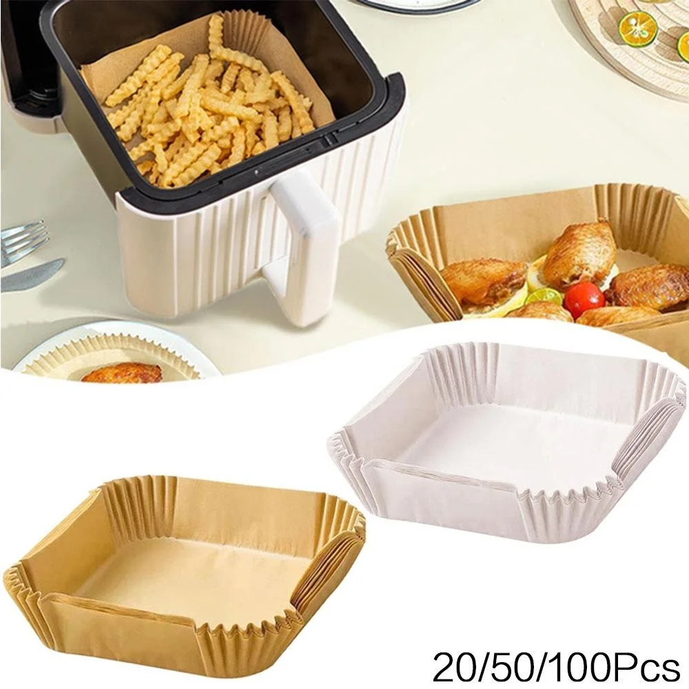 20/50/100 Stück Luftfritteusen-Einweg-Luftfritteusen-Zubehör aus Papier, quadratisch, ölbeständig, Antihaft-Matte für das Backen von Küchenöfen Image