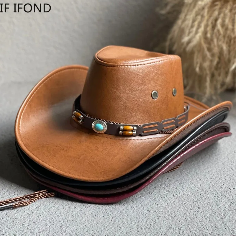 Faux Leder Western Cowboy Hüte Für Frauen Männer Vintage Gentleman Kleid Hüte Panama Cowgirl Jazz Cap Sombrero Hombre Image