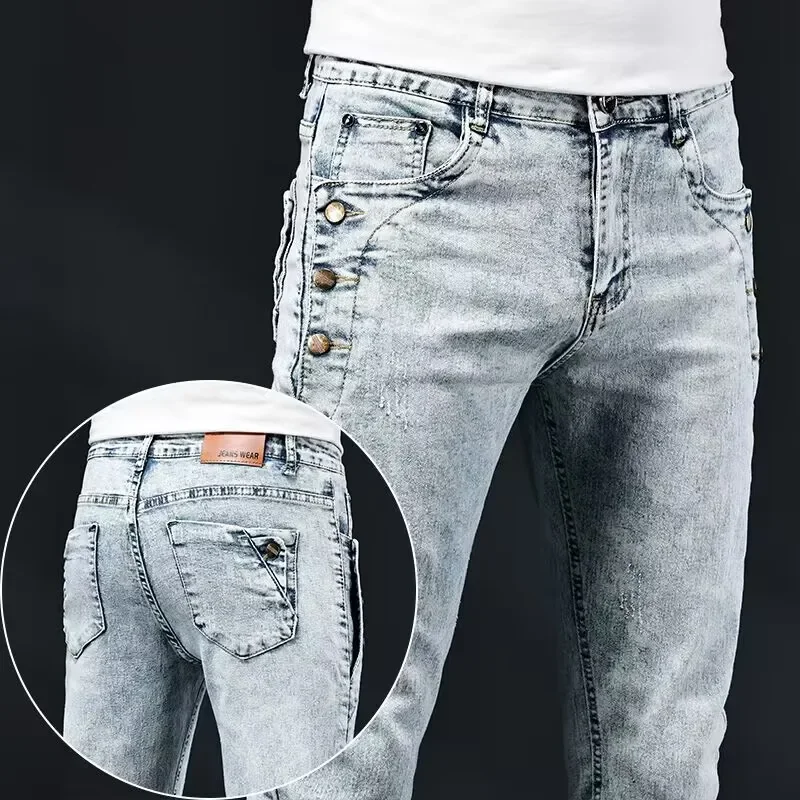 Männer Slim Jeans Neue Elastische Koreanische Dünne Design Multi-Taste Hosen Mode Vintage Waschen Stretch Denim Hosen Blau Weiß