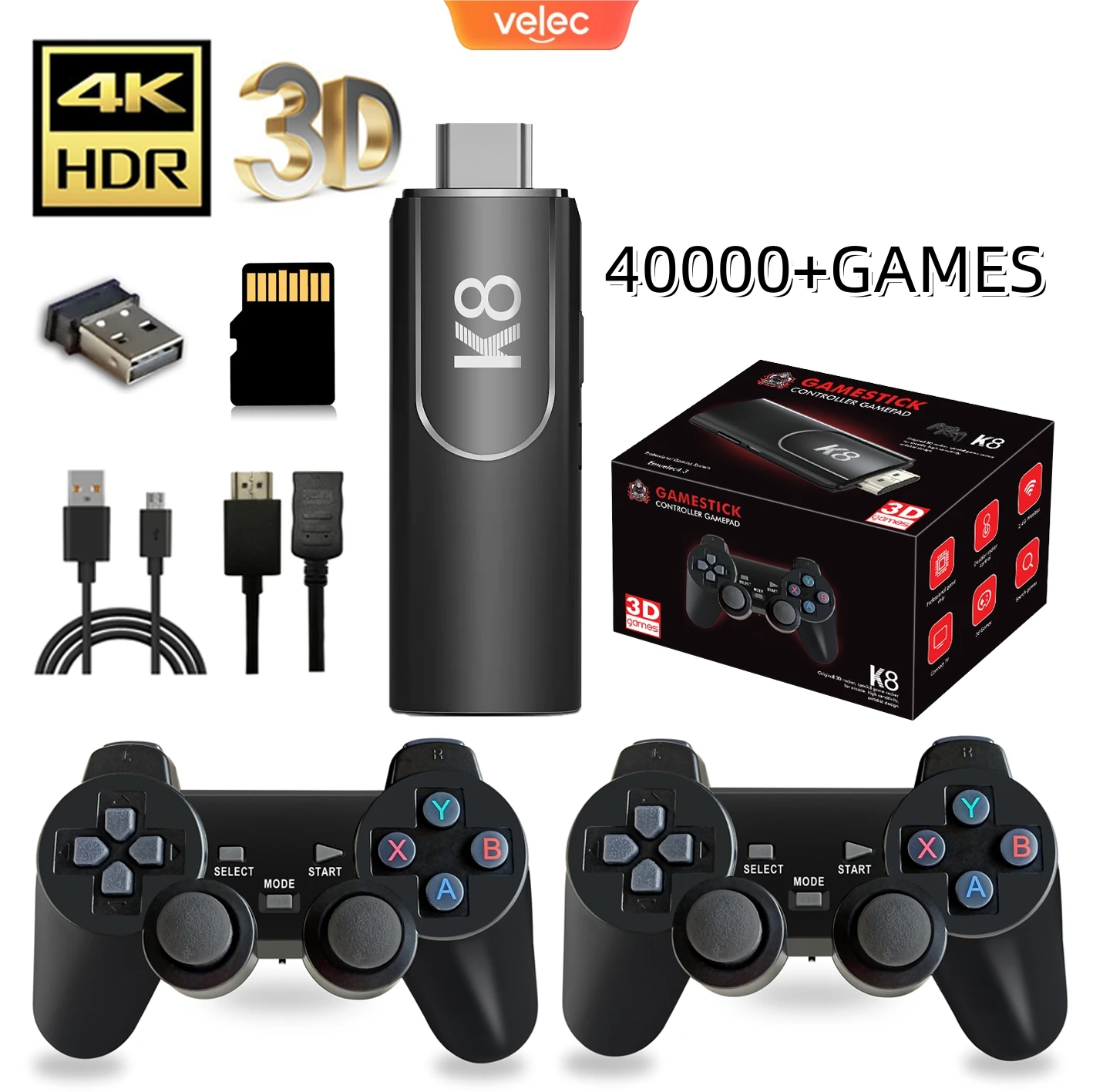 K8 Game Stick 4K HD Console per videogiochi retrò 64G 40000+ giochi 40+Simulatori Console controller wireless 2.4G doppia per regalo per bambini