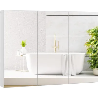 Mirrored Medicine Cabinet, Large Wide Wall Mounted Storage Cabinet with 3 Mirror Doors & Adjustable