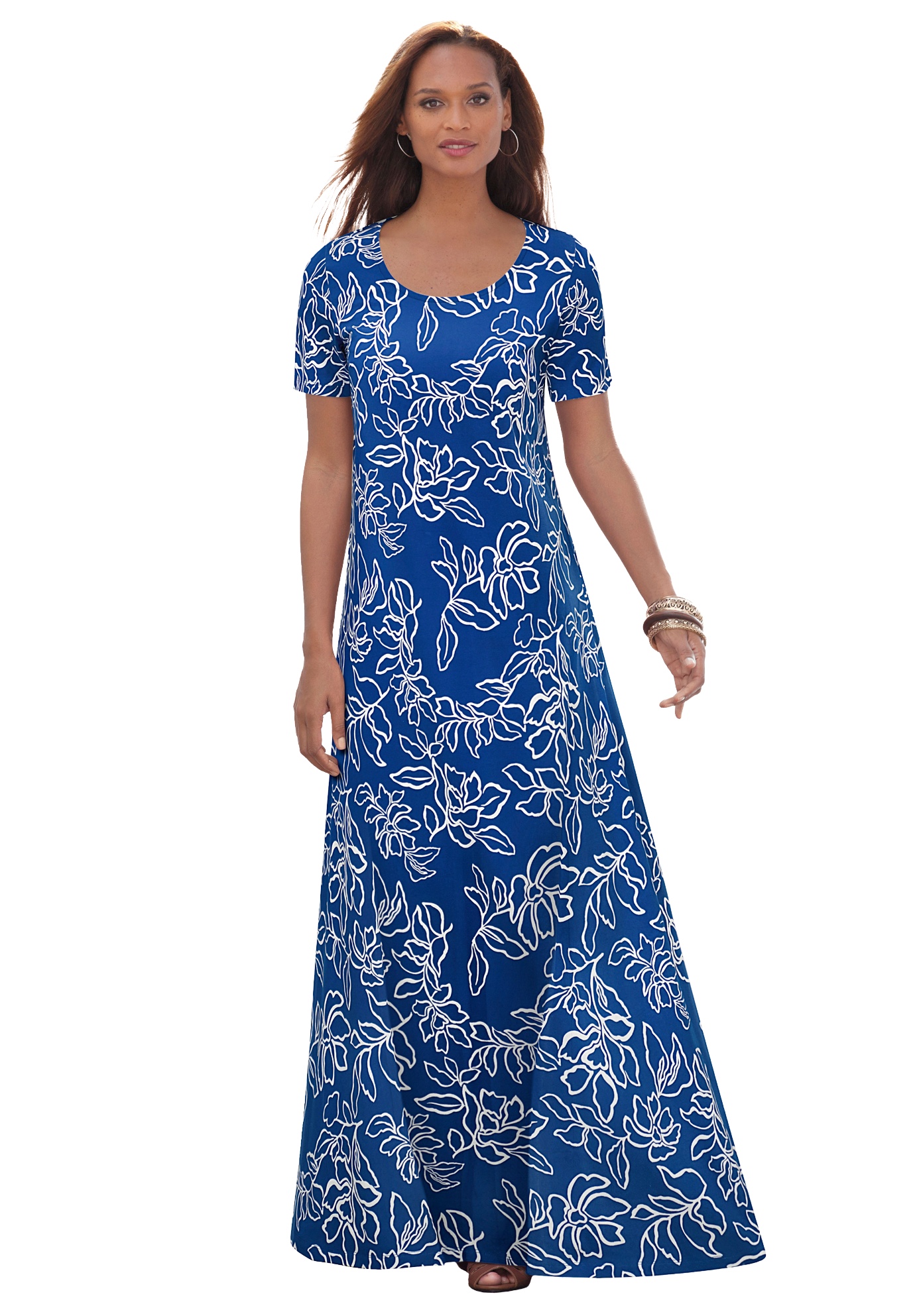 Plus Size Women's Stretch Cotton T-Shirt Maxi Dress by Jessica London in Dark Sapphire Floral (Size 20)