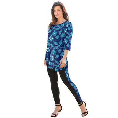 Plus Size Women's Printed Side Stripe Legging Set by Roaman's in Navy Painted Paisley (Size 38/40)
