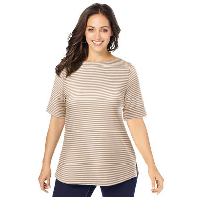 Plus Size Women's Stretch Cotton Cuff Tee by Jessica London in New Khaki Feeder Stripe (Size 18/20) Short-Sleeve T-Shirt