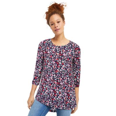 Plus Size Women's Three-Quarter Sleeve Curved Hem Tunic by ellos in Navy Red Ditsy Floral (Size 10/12)