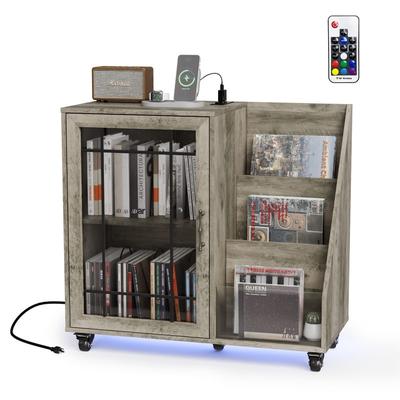 Record Player Stand Storage with LED Lights ＆ Charging Station