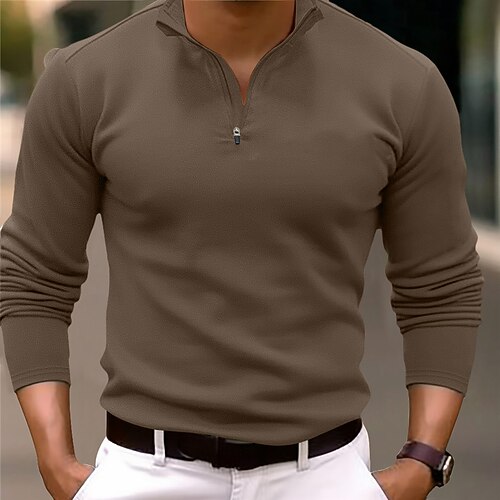 Homme Polo quart de zip Polos de golf Extérieur Casual Quarter Zip manche longue Mode Moderne Couleur unie Tricoté Printemps Automne Coupe Standard Noir Blanche bleu marine Vert foncé Marron Polo