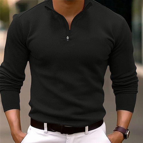 Homme Polo quart de zip Polos de golf Extérieur Casual Quarter Zip manche longue Mode Moderne Couleur unie Tricoté Printemps Automne Coupe Standard Noir Blanche bleu marine Vert foncé Marron Polo