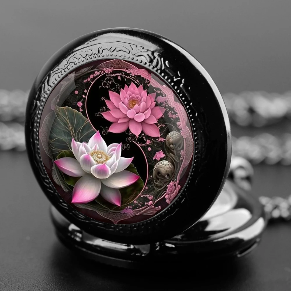 Yin-Yang Lotus Design – montre de poche à Quartz noir, coffret cadeau avec chaîne durable et cadran en chiffres arabes, cadeau intemporel pour garçon