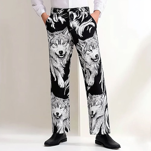 Herren Tiermotiv Wolf Hose Anzughose Mittlere Taille Lässig Vintage-Retro Ferien Streetwear Geschenke zum Vatertag Flache Front Gerade Hosen Sommer Frühling Herbst 3D-Druck Schwarz Image