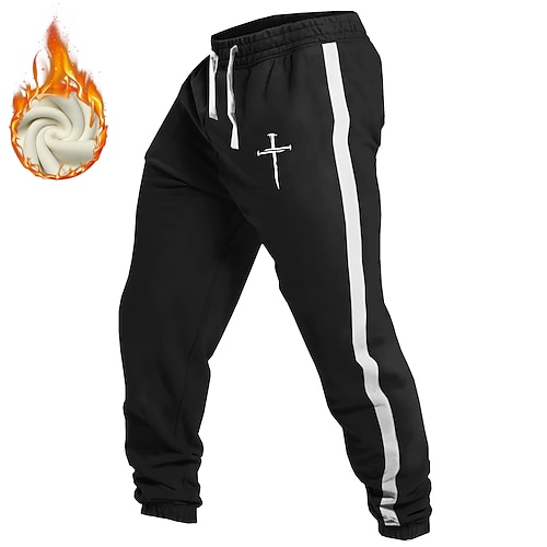 Herren Templer Kreuz Gestreift Jogginghose Hose Fleece-Jogginghose Kordelzug Elastischer Bund Vintage Lässig Outdoor Ferien Streetwear Warm Mit Fleecefutter Thermik Winter 3D-Druck Schwarz Weiß Rote Image